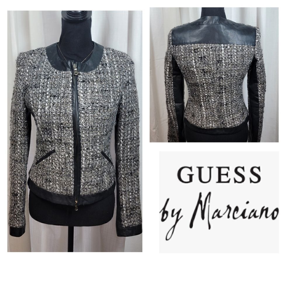 Guess by Marciano Tweed with Leather Trim Zipper Blazer